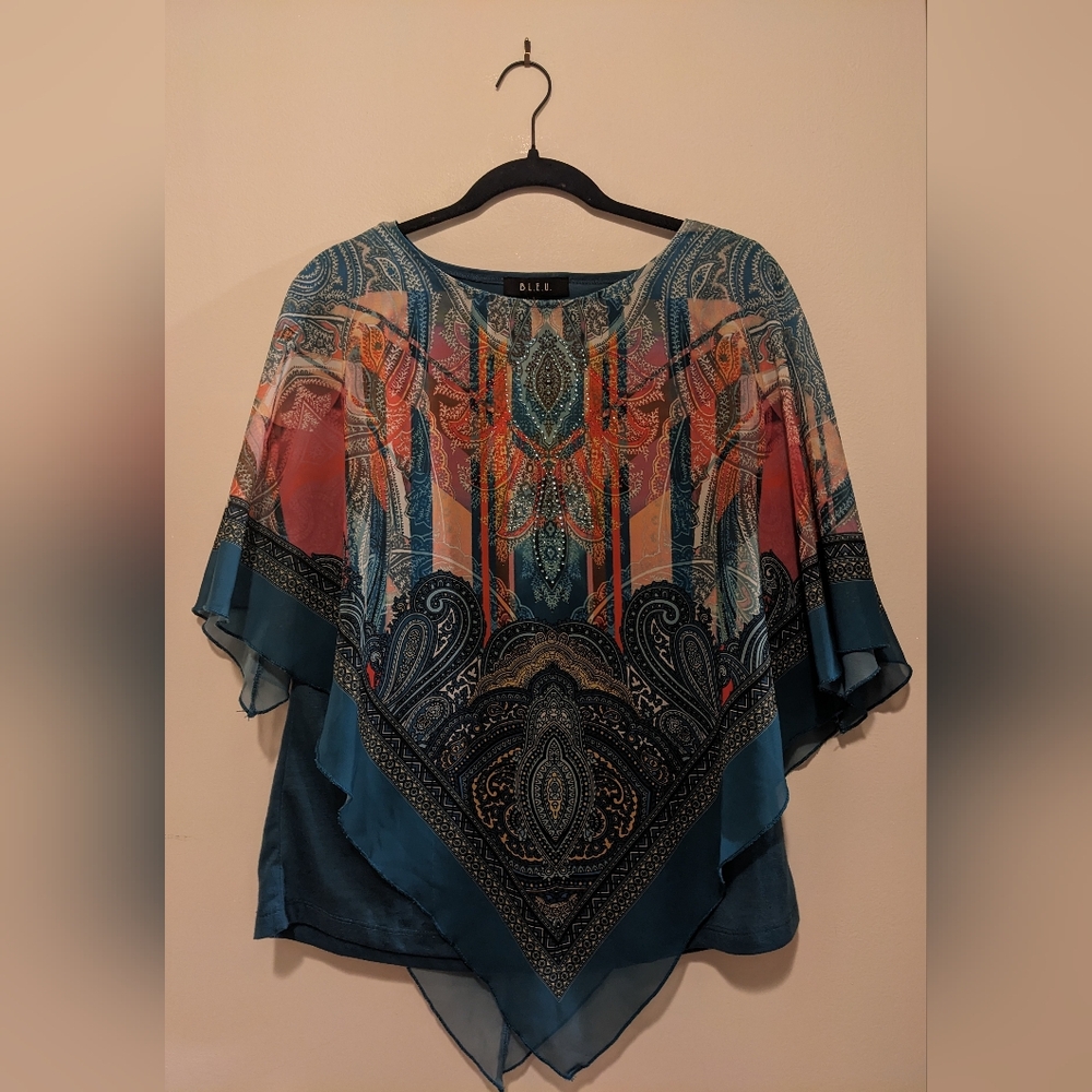 B.L.E.U. Teal Chiffon Scarf Handkerchief Overlay Paisley Print Tank Top sz L